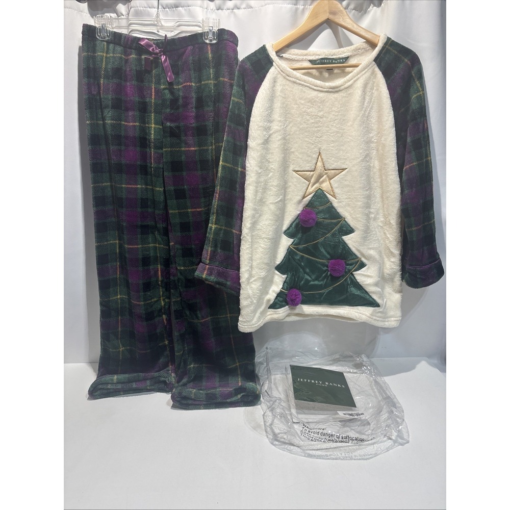 Jeffrey Banks Women's M/L Green Christmas Tree Fleece Plaid Embroidered